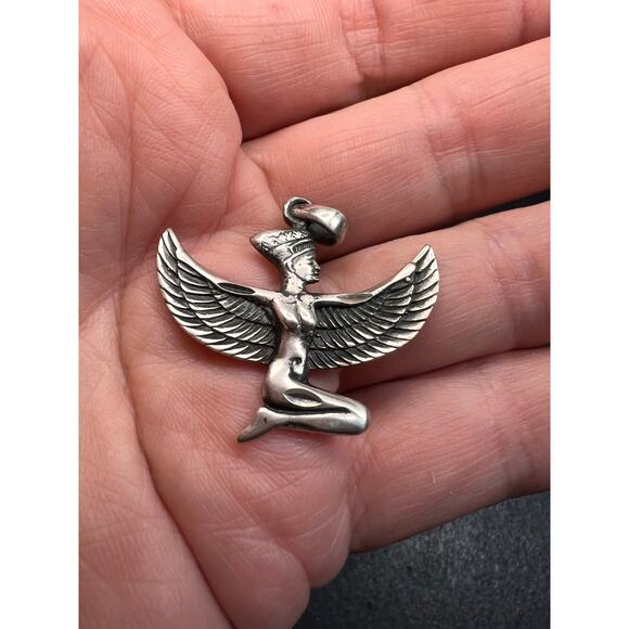 Vintage Sterling Silver Isis Goddess Pendant – Winged Egyptian Protection Amulet - Picture 2 of 9
